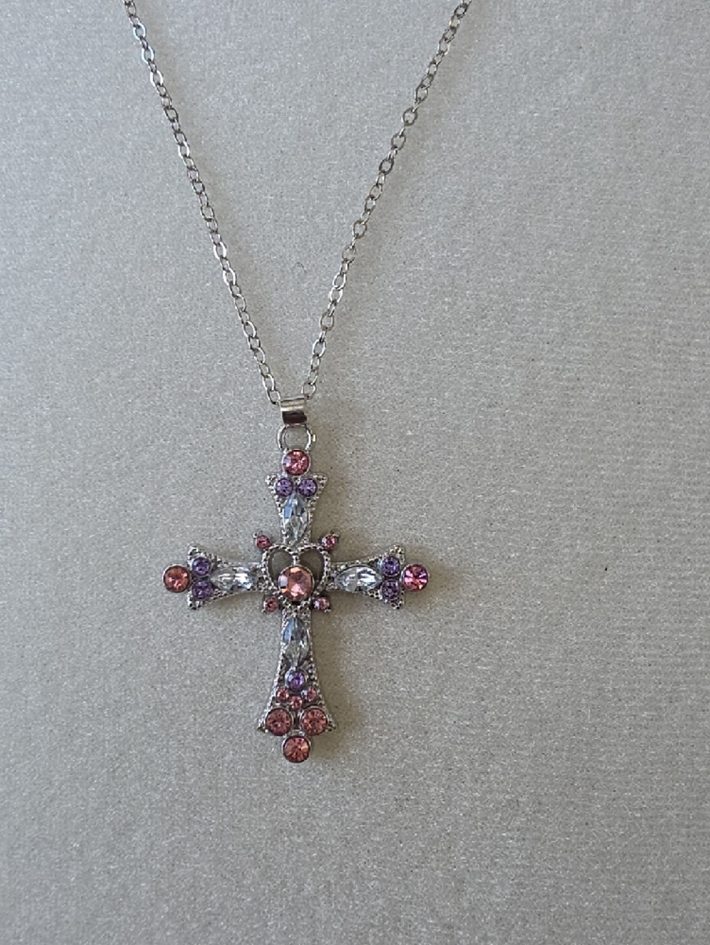 Cross Pendant Necklace with Pink and Purple Crystals - Picture 2 of 4